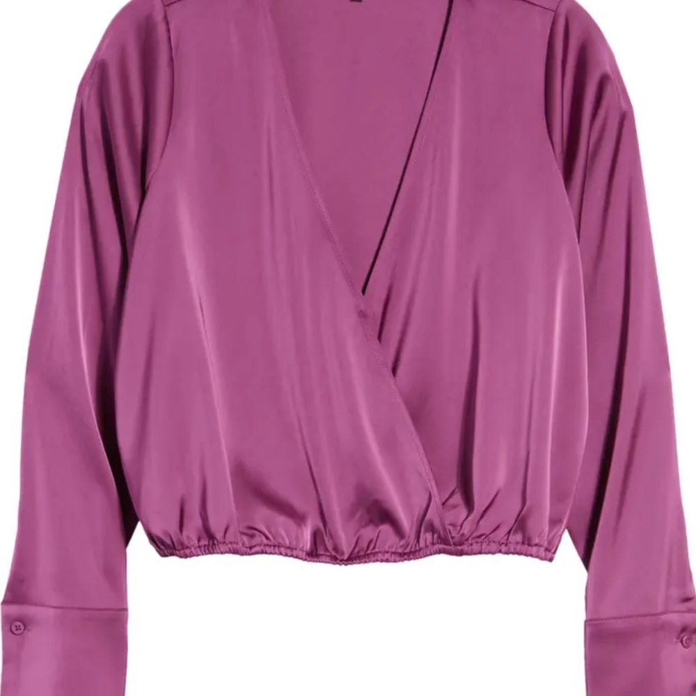 Nwt Good American Long Sleeve Stretch Satin Faux Wrap Top - Picture 5 of 6